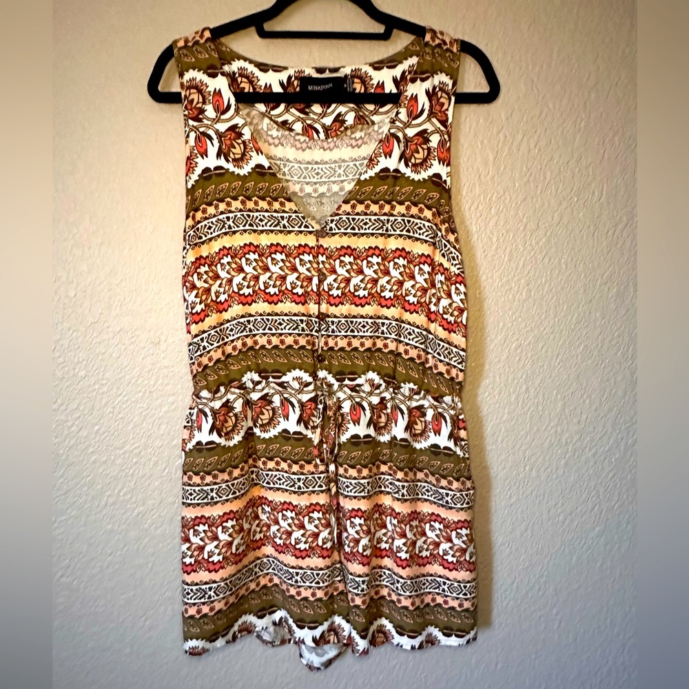 Minkpink green/coral Printed Tank Shorts Romper, Sz Medium